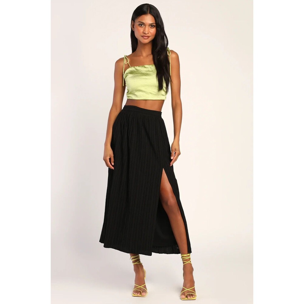 Lulus Maxi Skirt Womens L Black Midsummer Memories Side Slit Pleated Festival